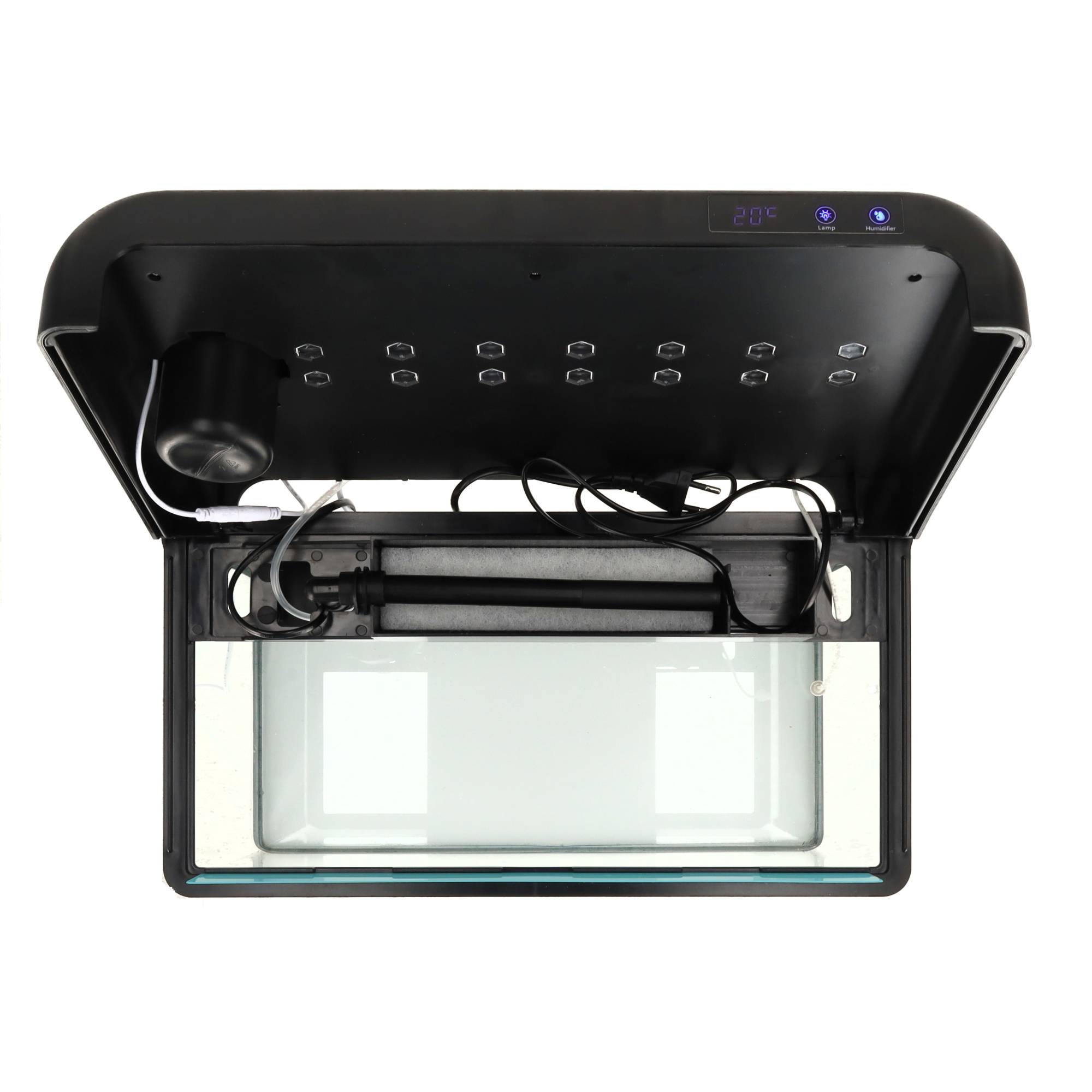 Bovenaanzicht van het geïntegreerde 3-laags filtersysteem en de luchtbevochtiger module in de kap